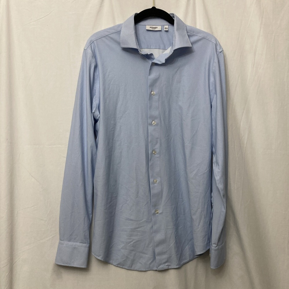 Murano Collezione Blue Herringbone Pattern Slim Fit Long Sleeve Button-Up - SZ L